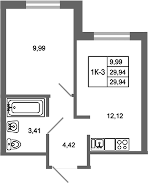 1-комнатная квартира 29.94 м², 3/17 эт., ЖК «Стороны Света 2»